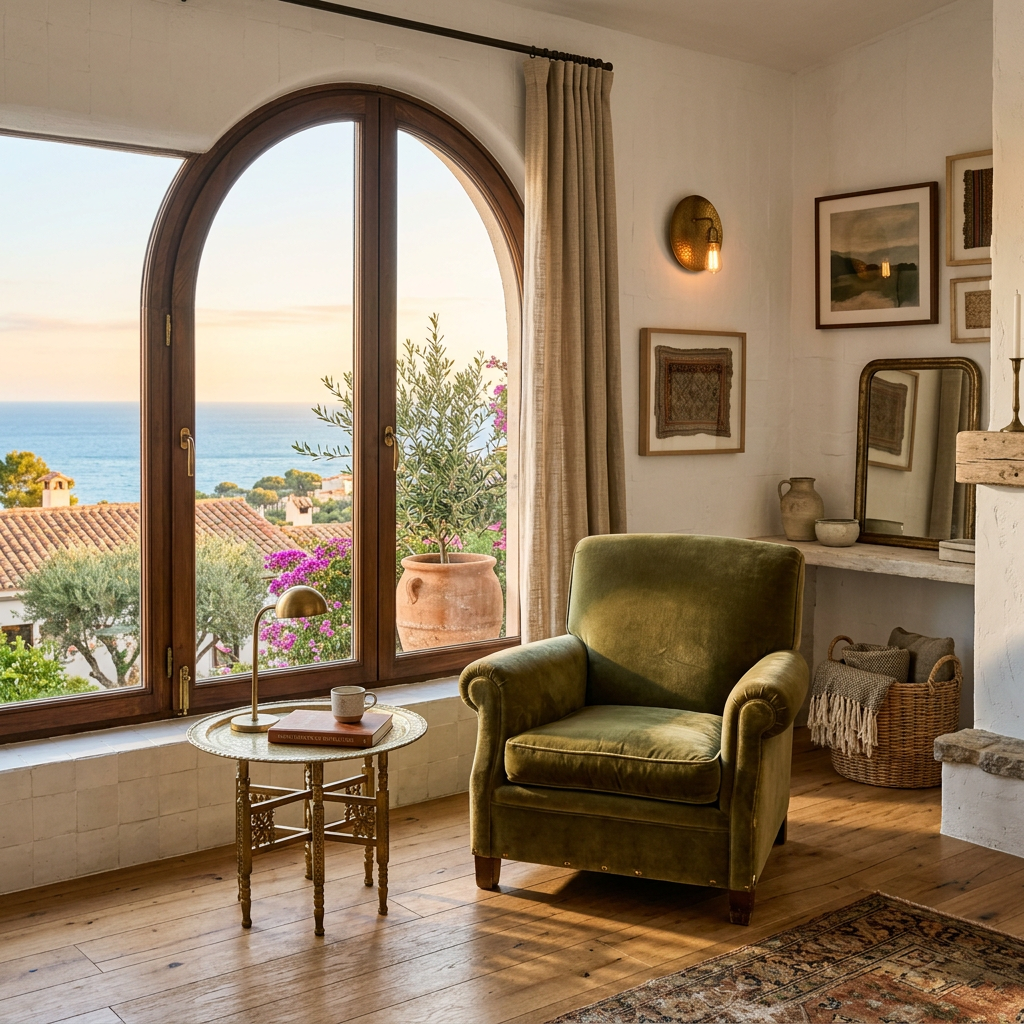 Restored Mediterranean interior with arched window overlooking the sea